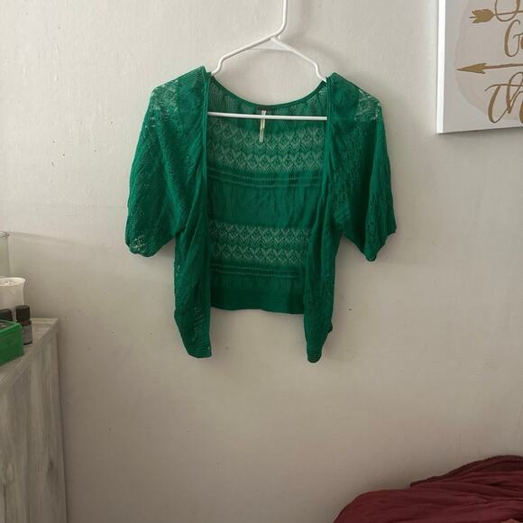 Free People Green cable knit blouse in Size Small V-neck layering, boho, cottage - Picture 3 of 5